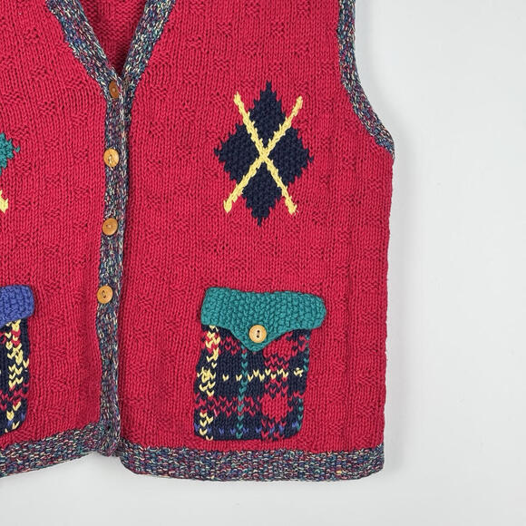 VTG Portraits Northern Isles Hand-Knit Red Wool Sweater Vest M-L Argyle Cottage - Picture 3 of 9
